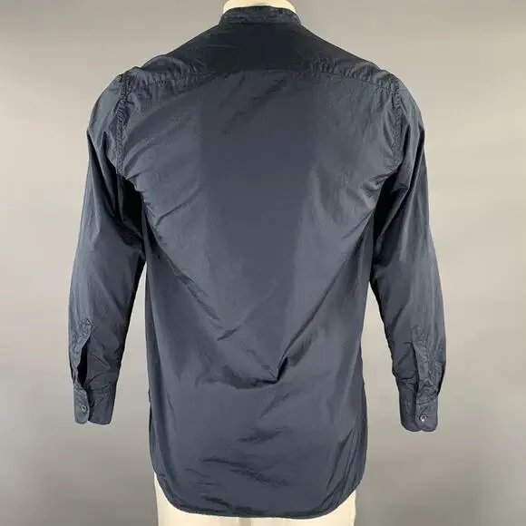BARENA Size XL Navy Cotton Band Collar Long Sleeve Shirt